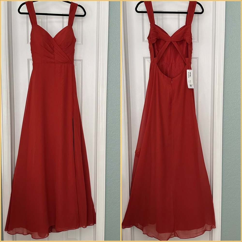 Azazie Nahrin Rust A-Line‎ V-Neck Pleated Chiffon Dress Bridesmaid Sz 6 NWT - Picture 6 of 16